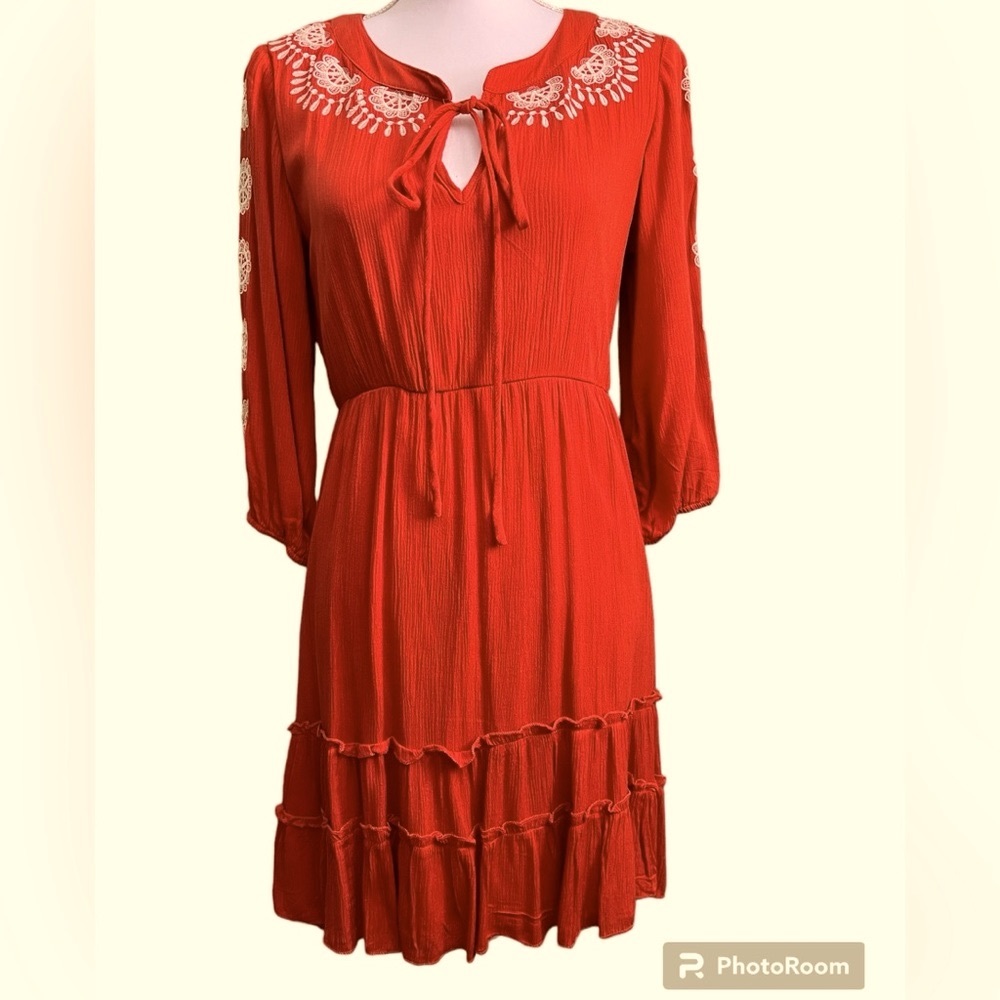 Solitaire Gauzy Embroidered Burnt Orange Dress, NWOT, Size S